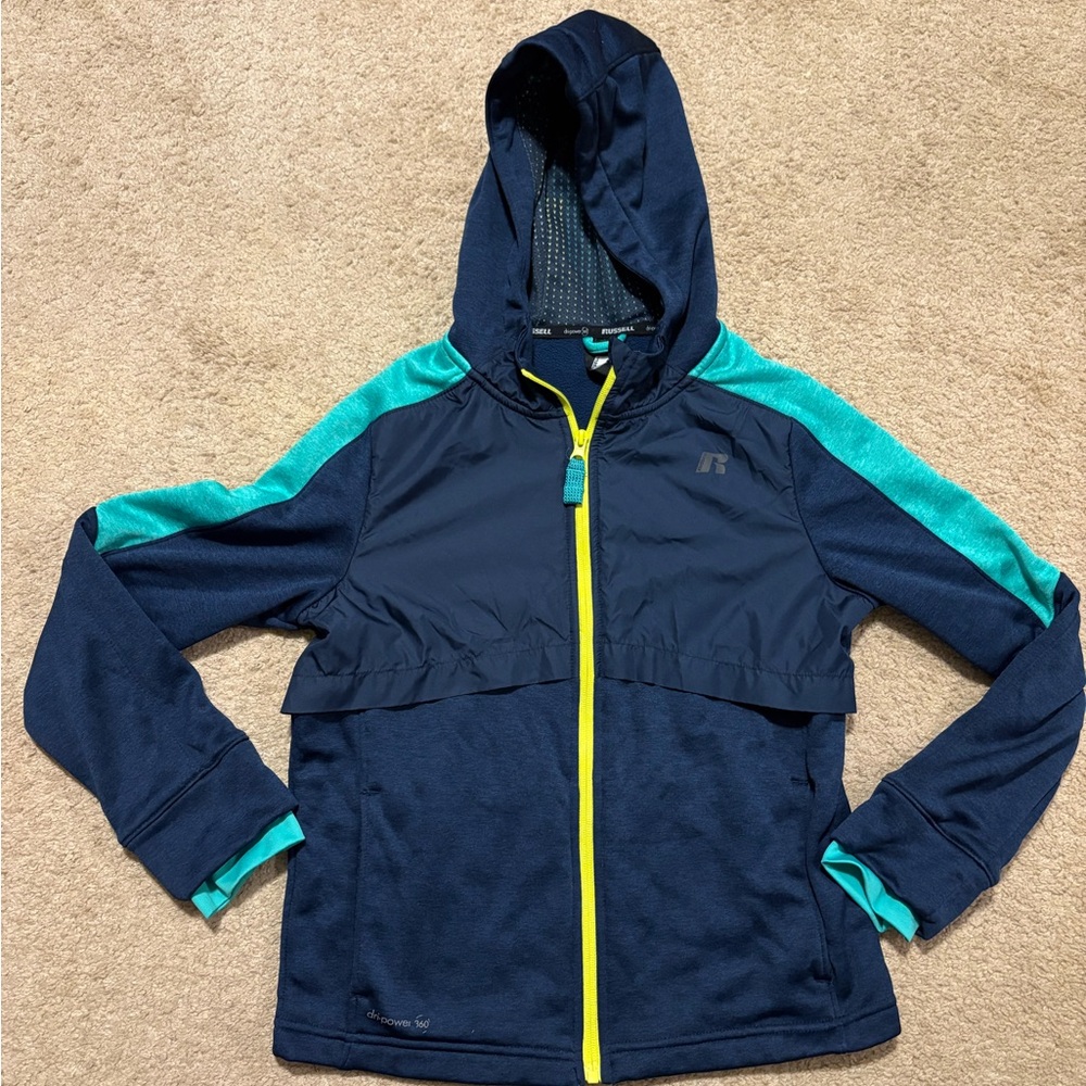 Boys Large (10/12) Russell lightweight athletic Navy and teal Jacket